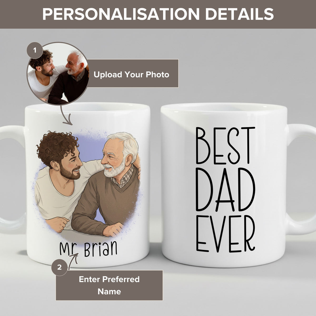 Personalisation guide for the Personalised Cartoon Photo Mug for Dad mug — name, photo and text fields