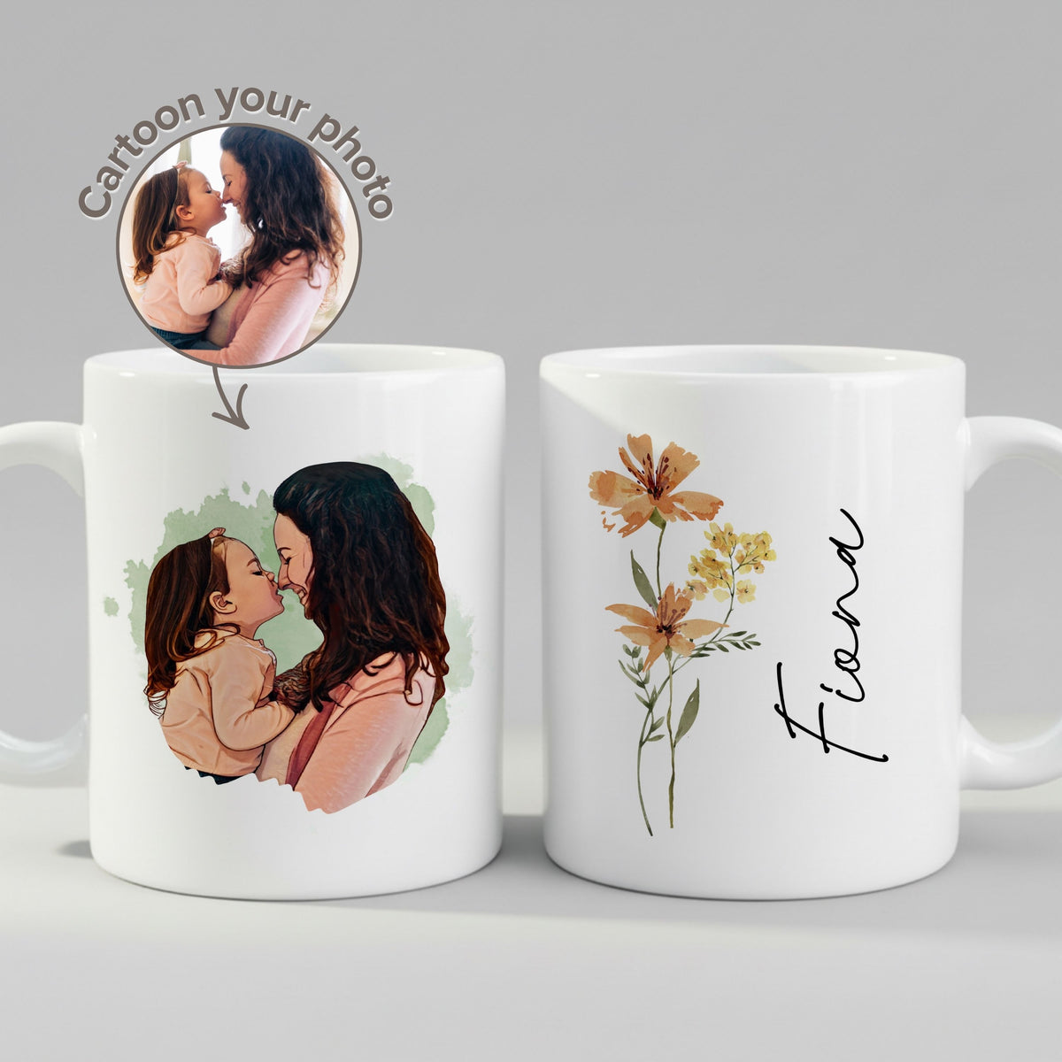 Personalised Cartoon Photo Mug for Mom mug, front view on white background