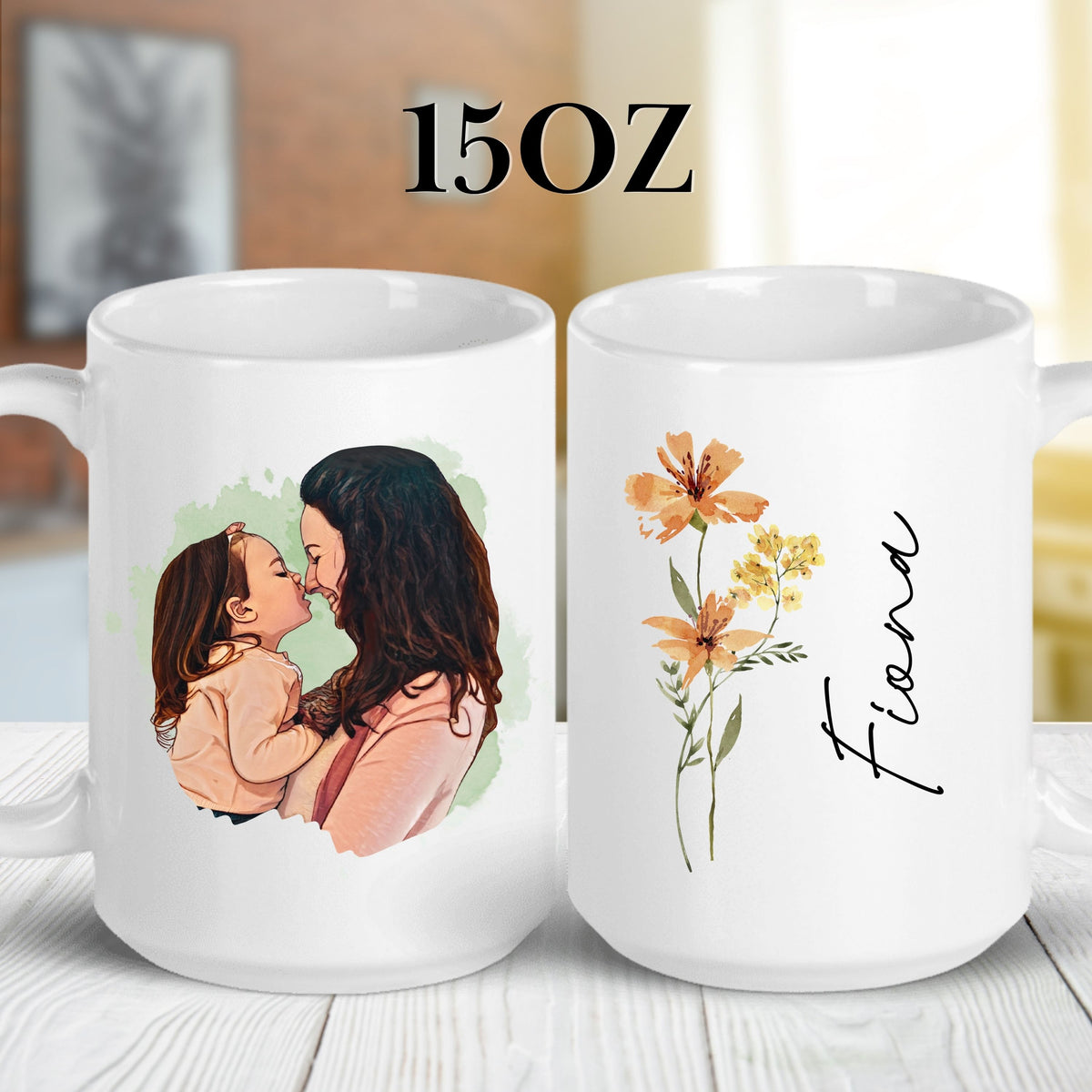 Personalised Cartoon Photo Mug for Mom mug styled on a table setting