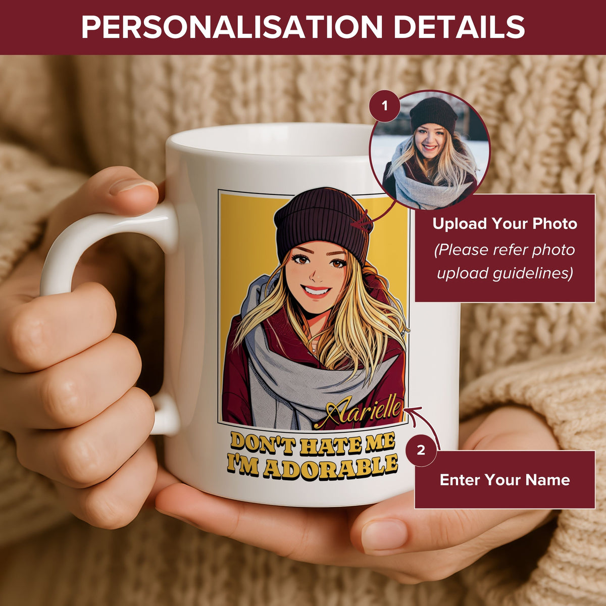 Personalised Cartoon Photo Funny mug held in hand