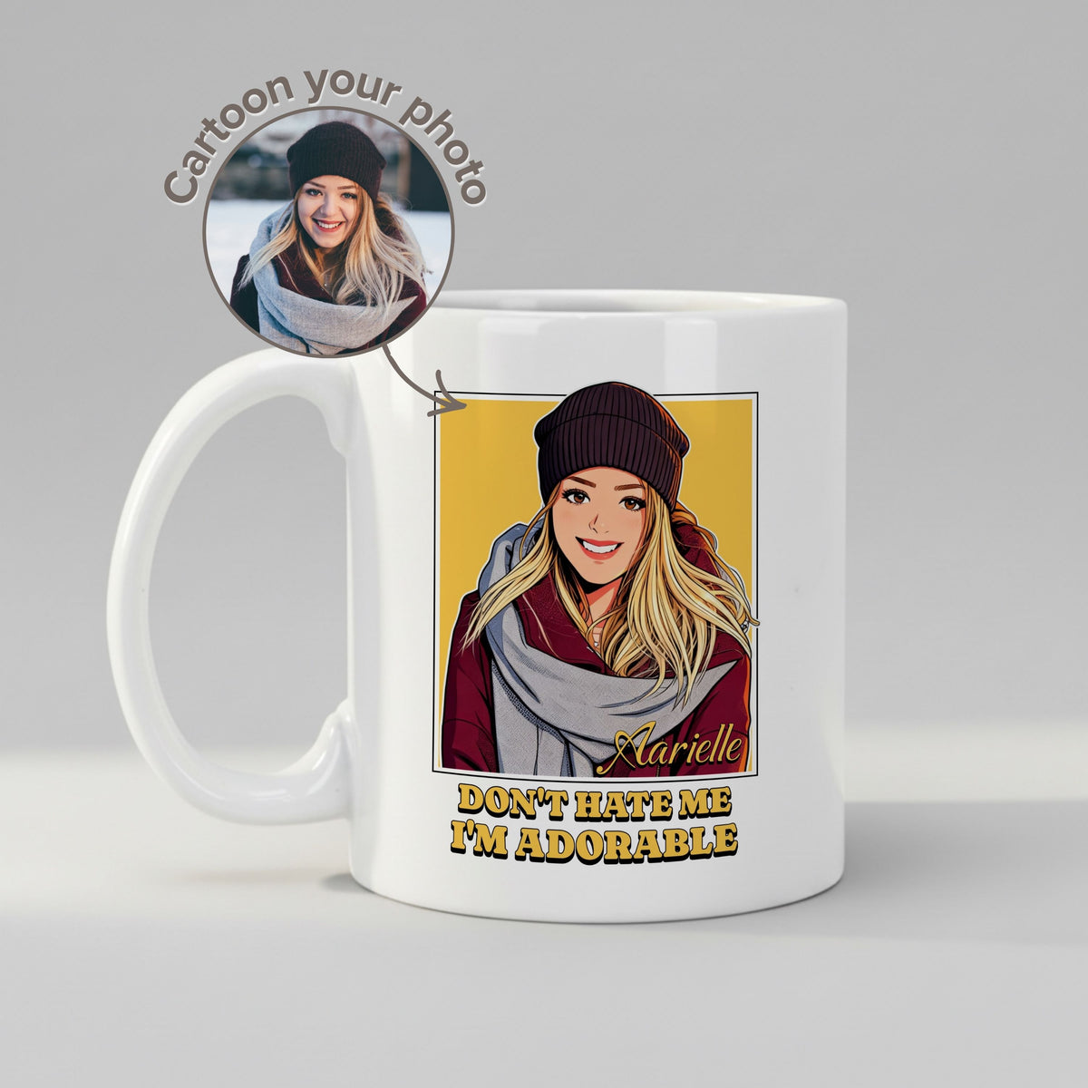 Personalised Cartoon Photo Funny mug, front view on white background