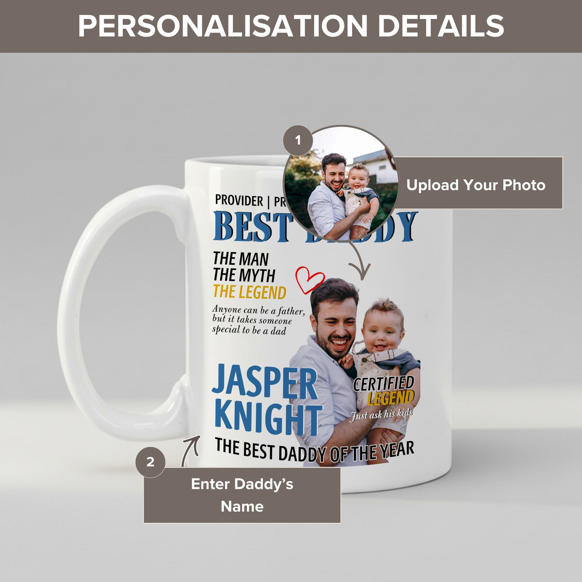Personalisation guide for the Personalised Dad mug — name, photo and text fields