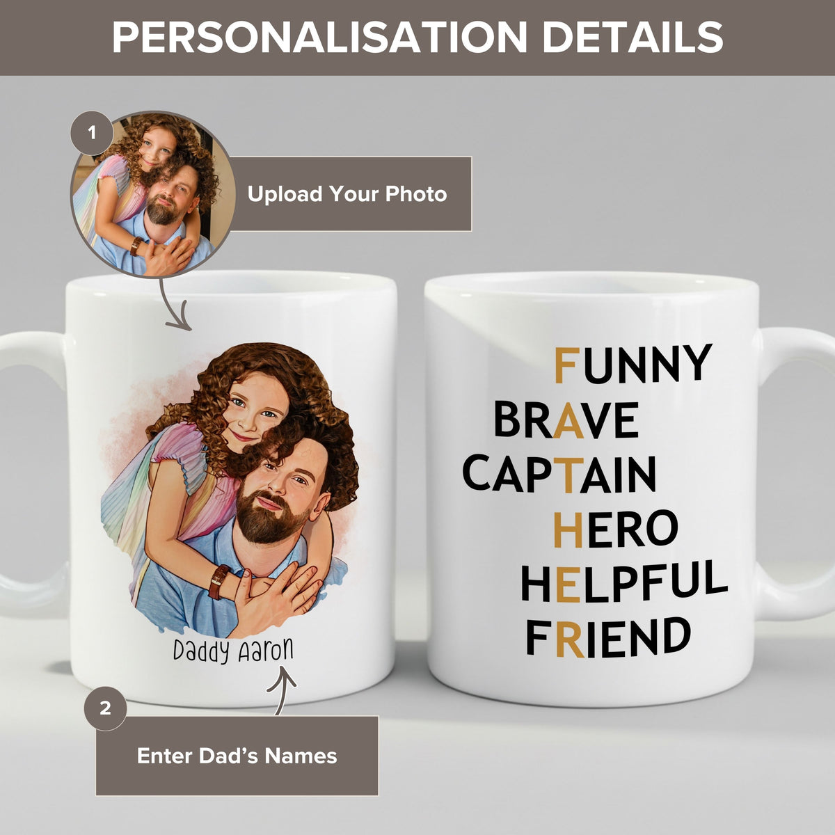 Personalised Dad FATHER Acrostic Cartoon mug in close-up detail