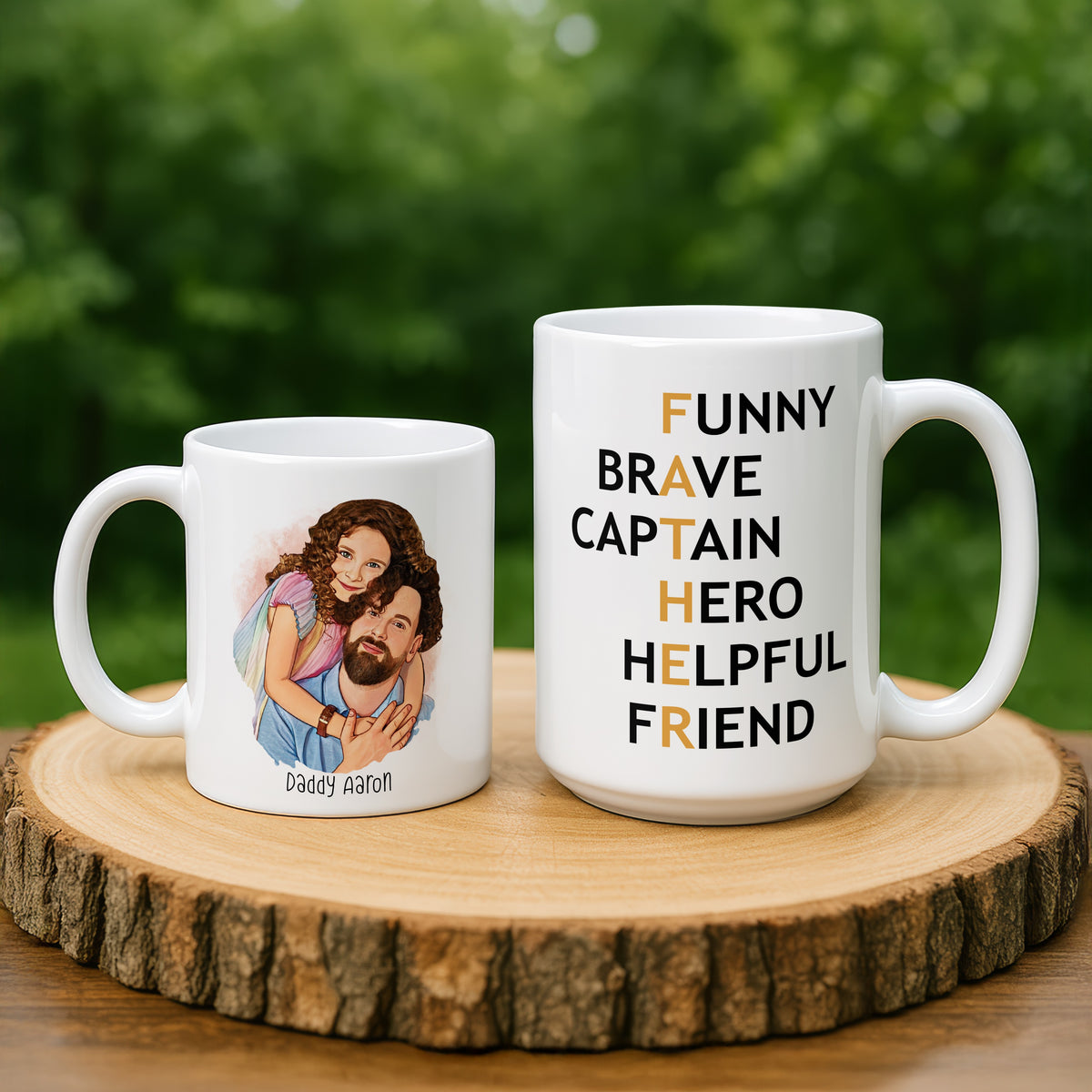 Personalised Dad FATHER Acrostic Cartoon mug held in hand