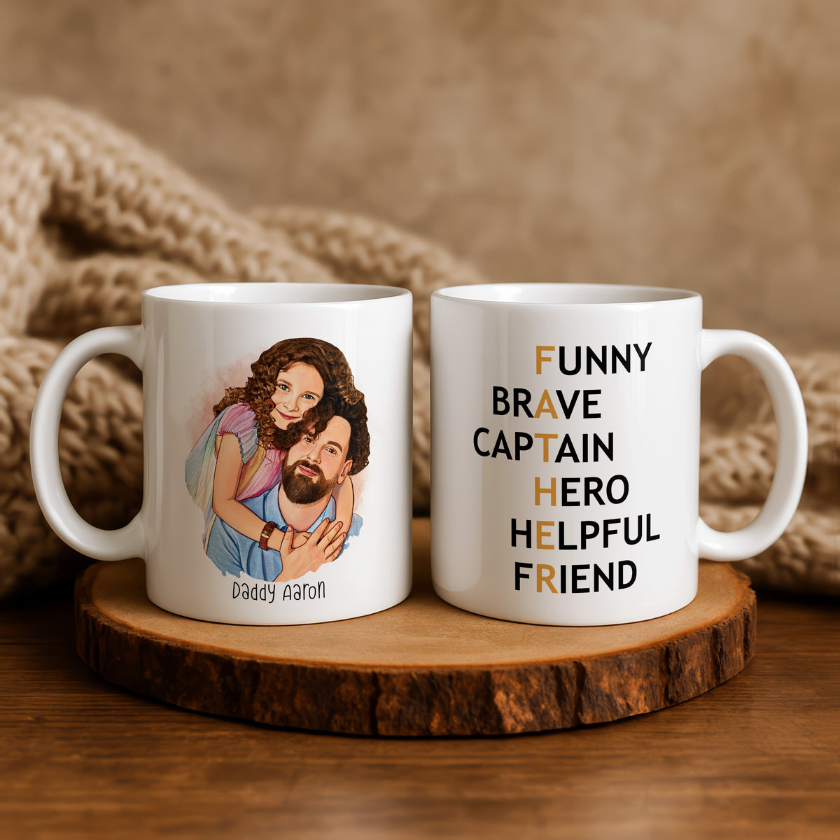 Personalised Dad FATHER Acrostic Cartoon mug in a lifestyle setting