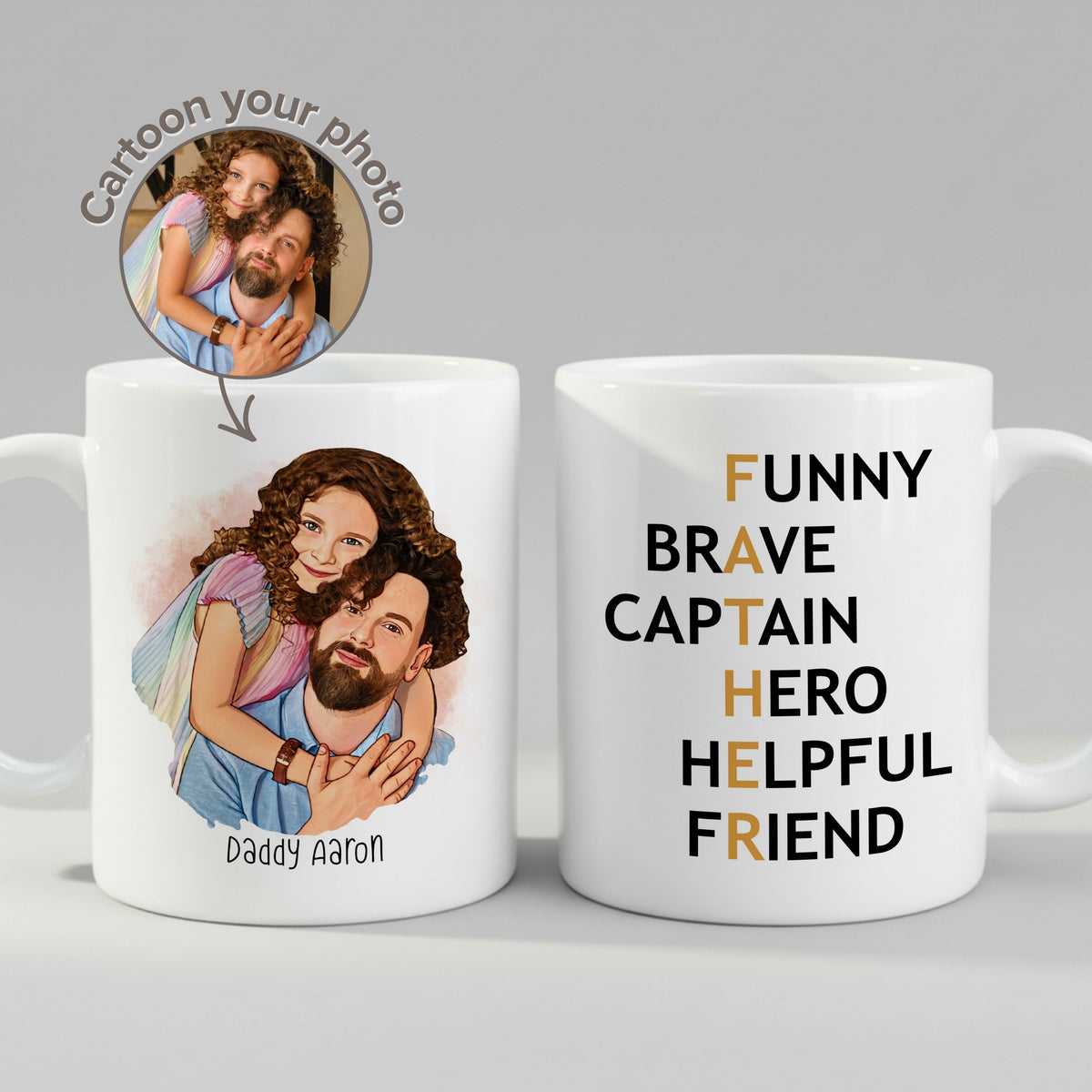 Personalised Dad FATHER Acrostic Cartoon mug, front view on white background