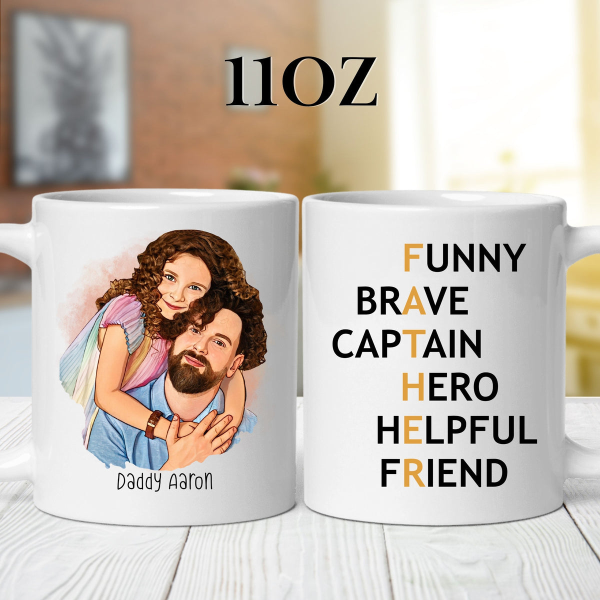 Personalised Dad FATHER Acrostic Cartoon mug styled on a table setting