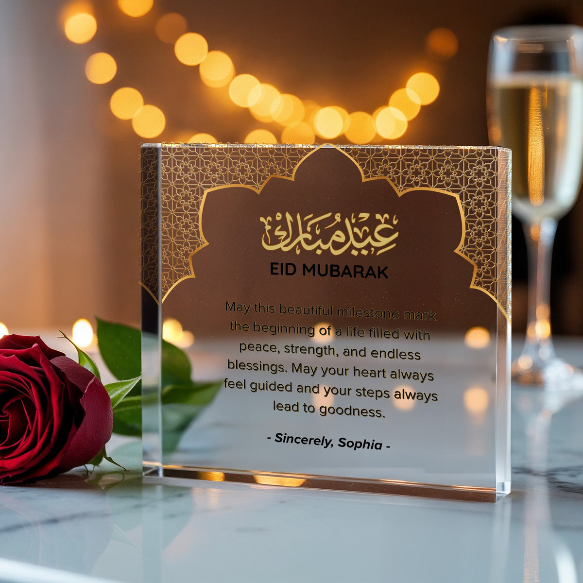 Personalised Eid Mubarak Acrylic plaque from a side angle