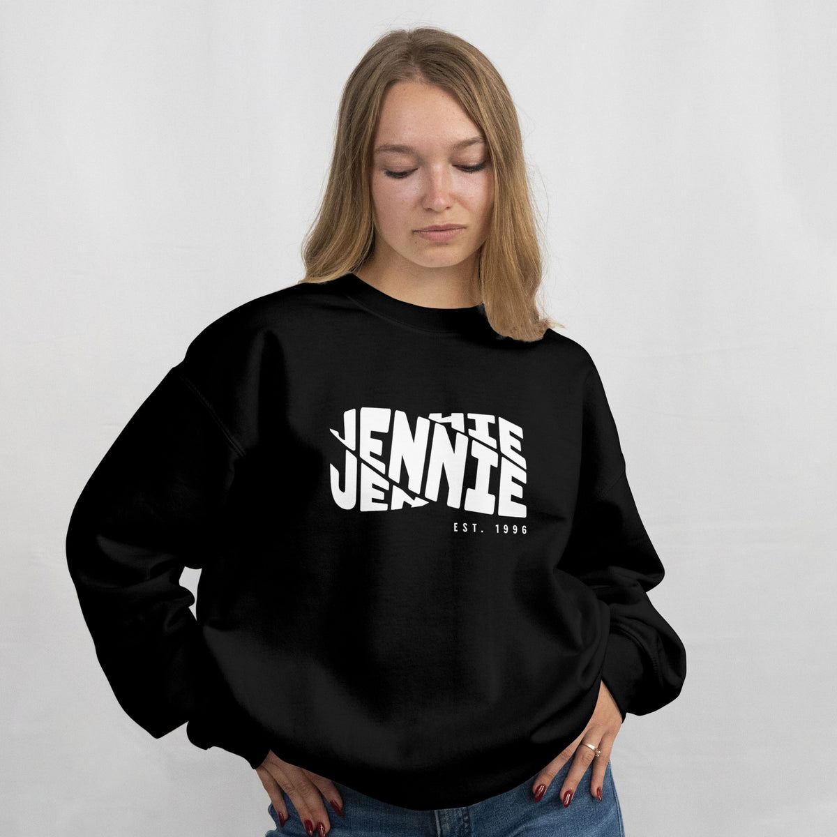 Personalised Embroidered sweatshirt, front view on model (variant 3)