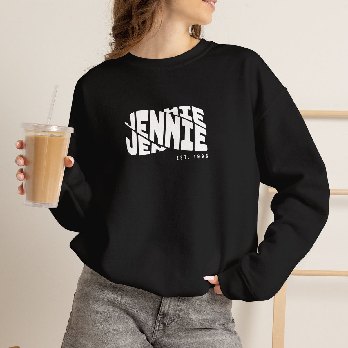 Personalised Embroidered sweatshirt, front view on model