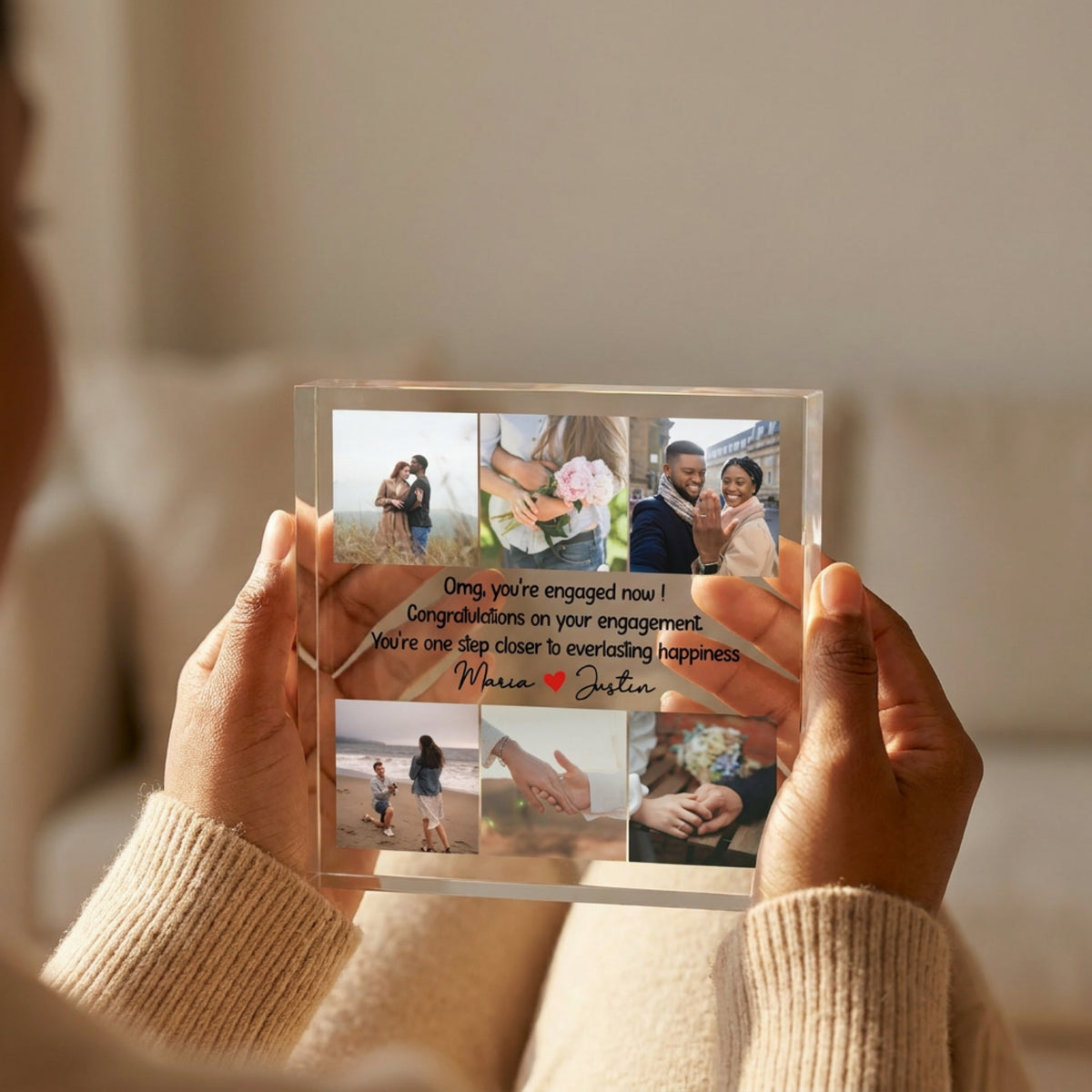 Personalised Engagement Acrylic Plaque, Photo Collage Gift plaque in close-up detail