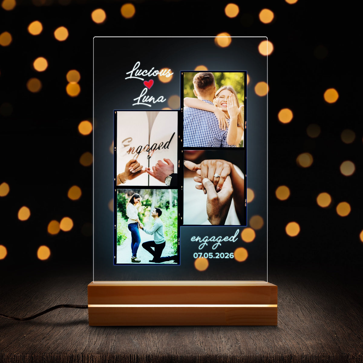 Personalised Engagement night light, front view lit up