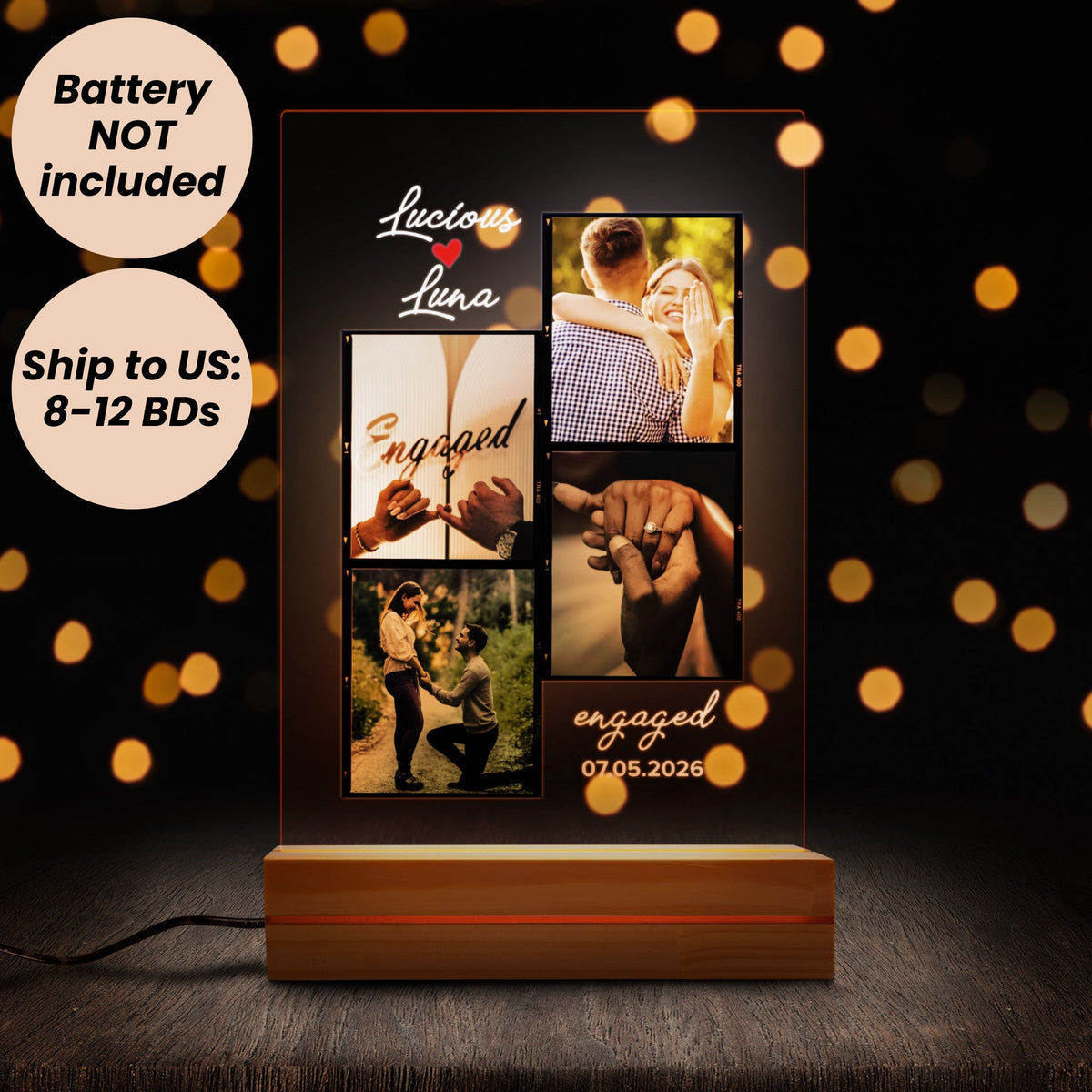Personalised Engagement night light from a side angle