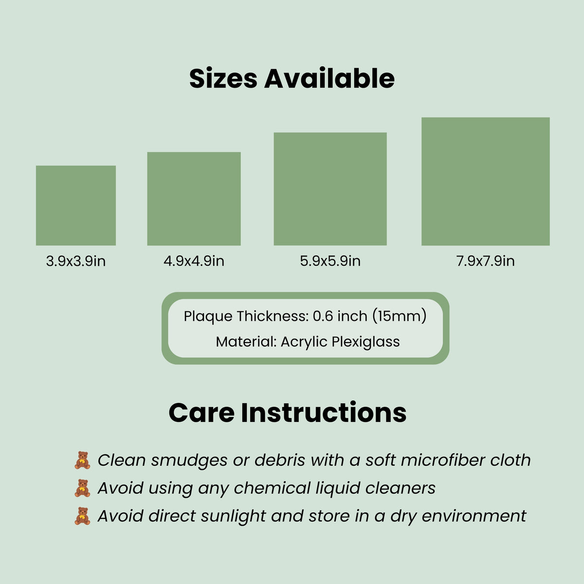 Size chart for the Personalised Hajj Gift Acrylic plaque