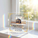 Personalised Hajj Mubarak Acrylic plaque held in hand