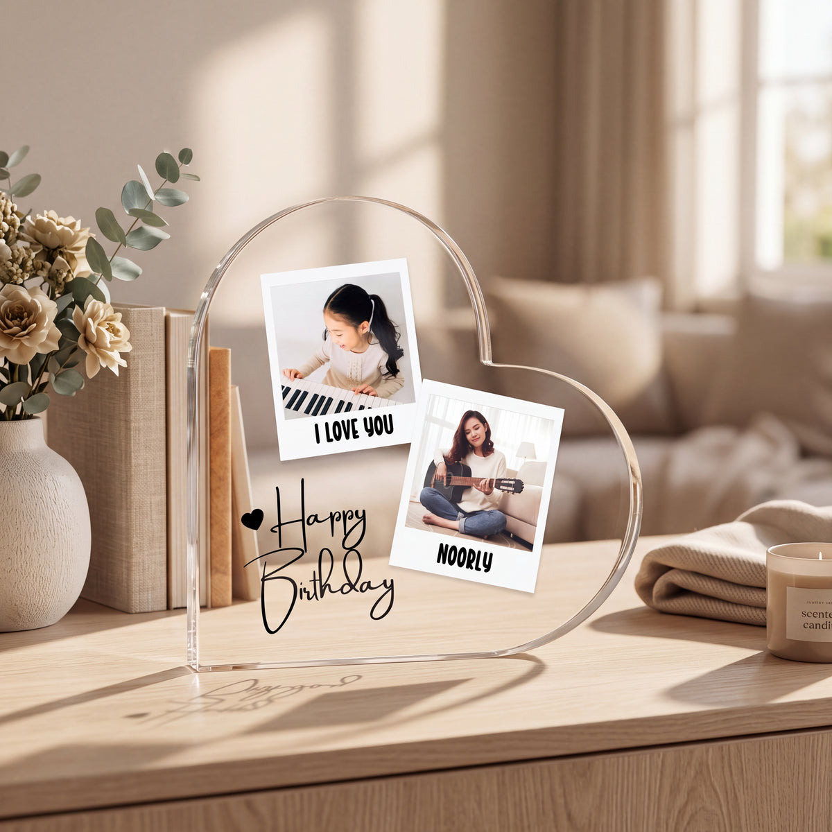Personalised Heart Acrylic Photo plaque in close-up detail