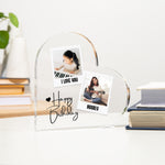 Personalised Heart Acrylic Photo plaque, front view on white background
