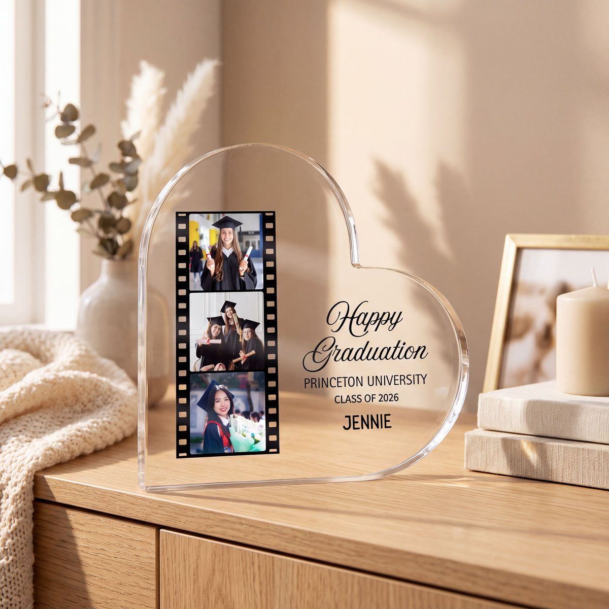 Personalised Heart Acrylic Graduation Strip & plaque held in hand
