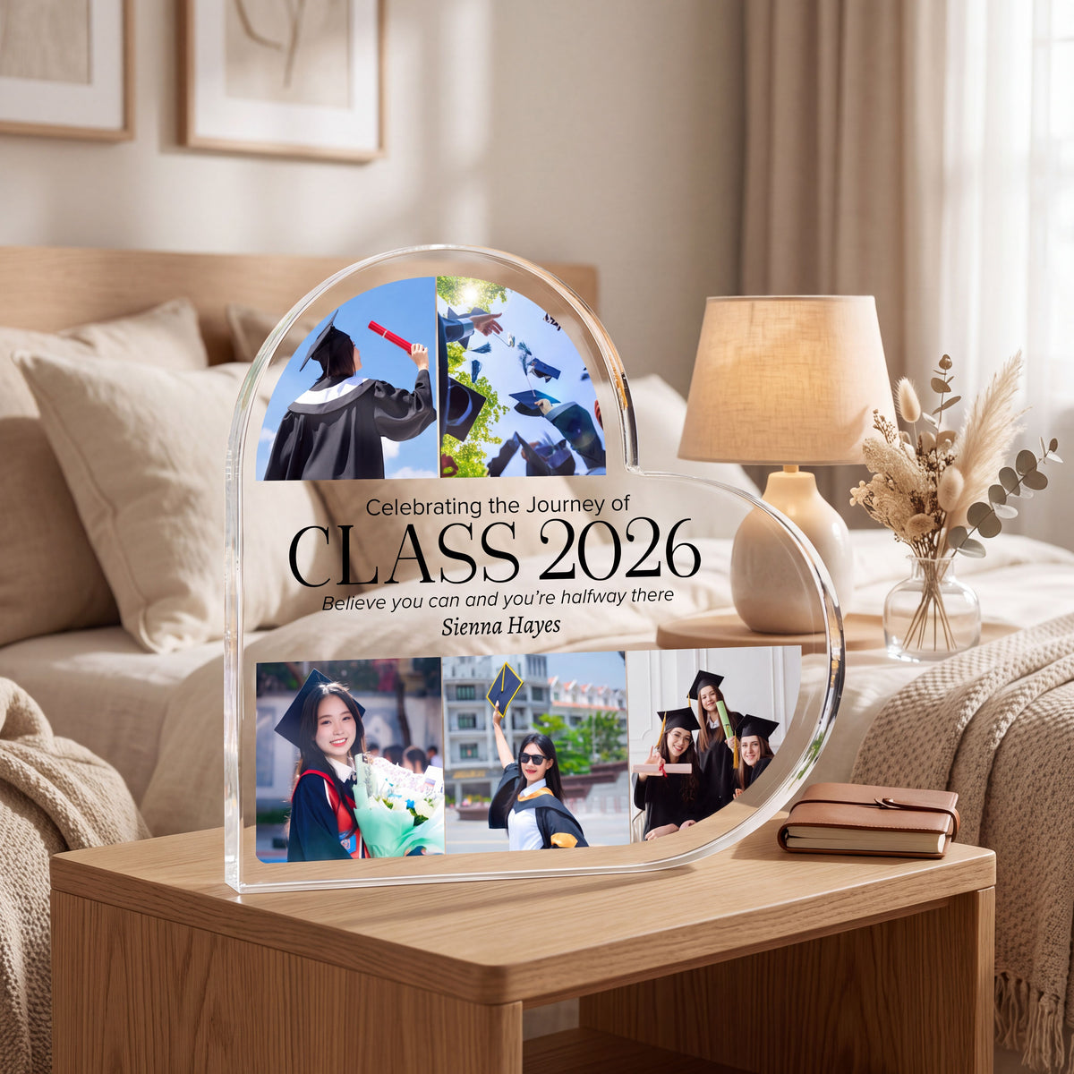 Personalised Heart Acrylic Grad Friend, Believe plaque held in hand