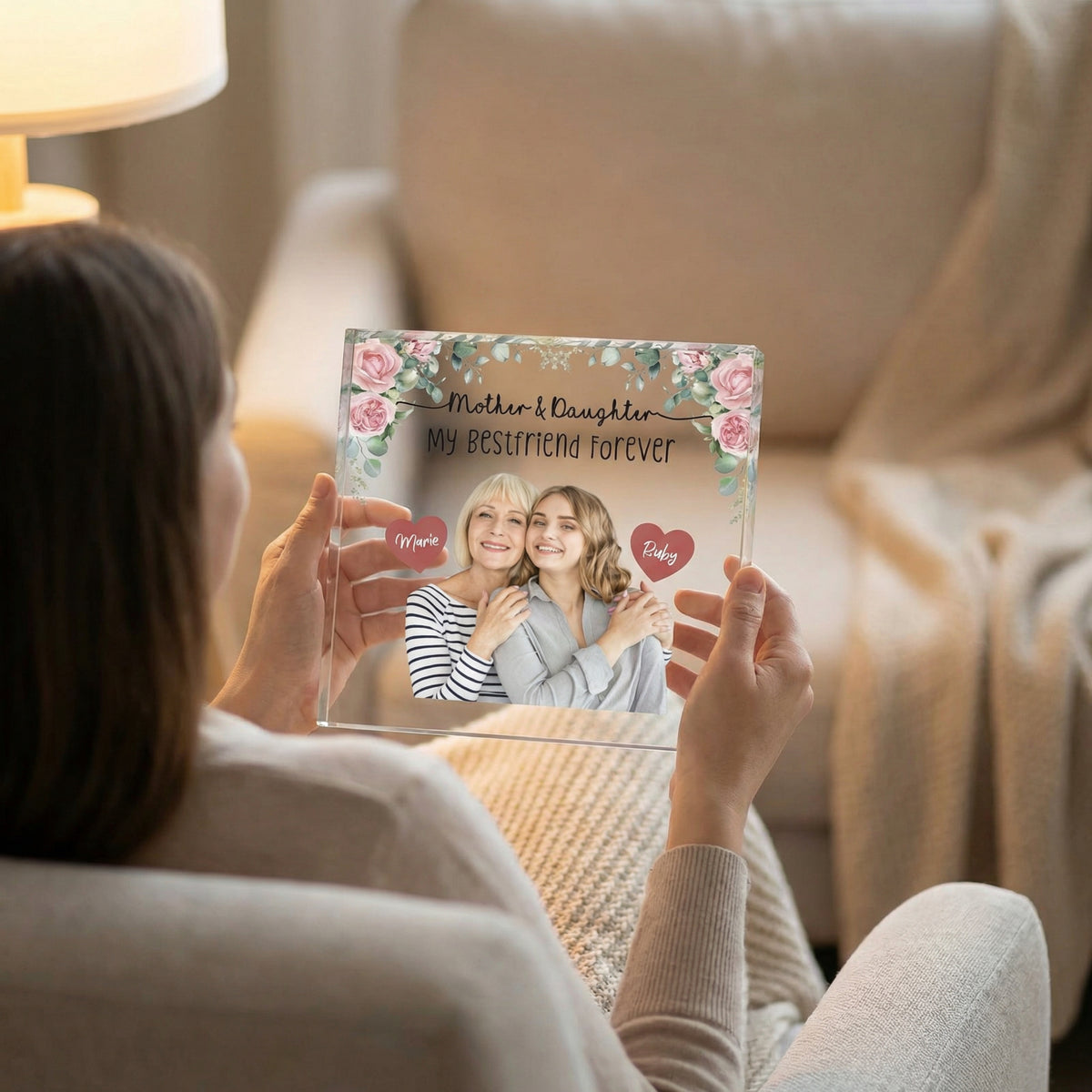 Personalised Mom Daughter Acrylic plaque in a lifestyle setting
