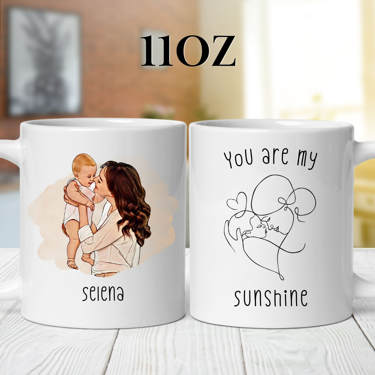 Personalised Mom Cartoon Photo & (2) mug held in hand