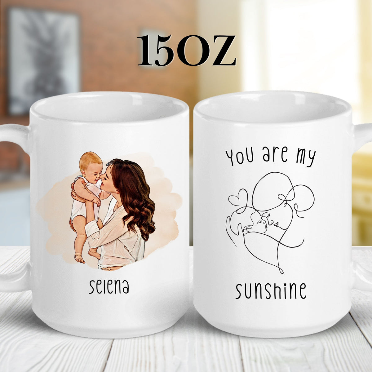 Personalised Mom Cartoon Photo & (2) mug in a lifestyle setting