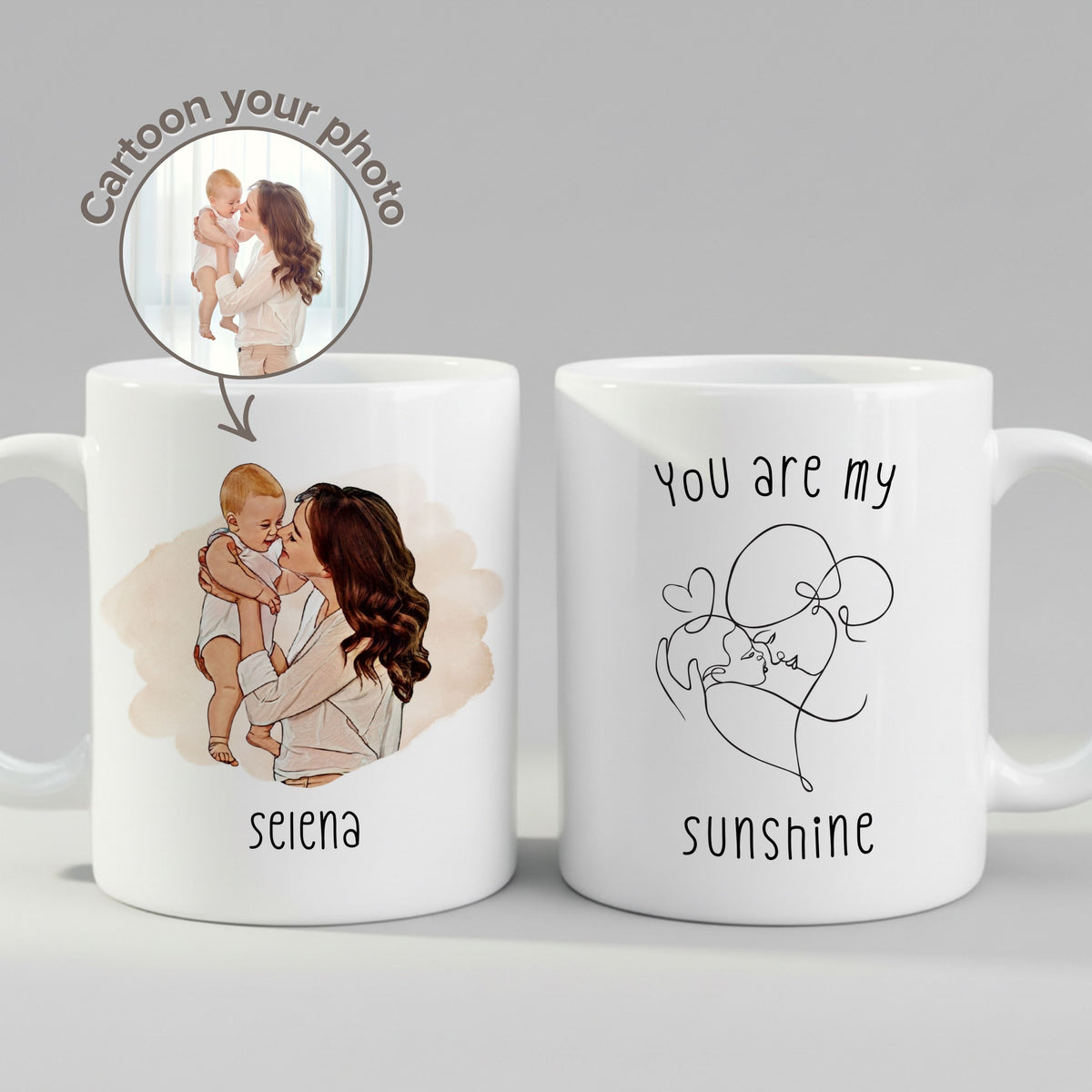 Personalised Mom Cartoon Photo & (2) mug, front view on white background