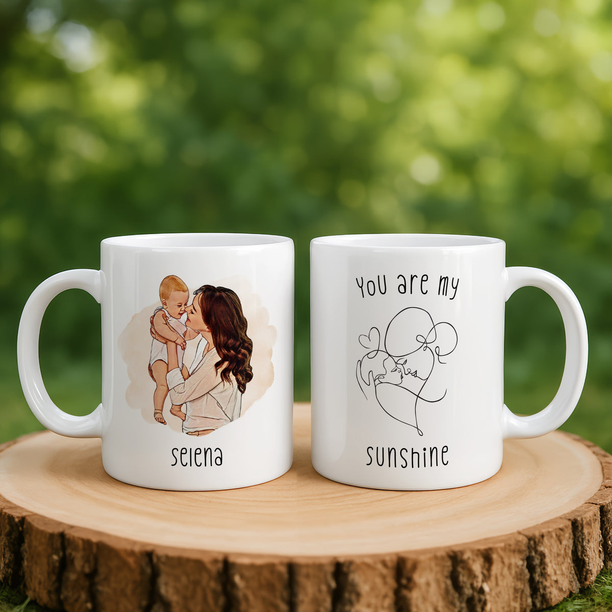Personalised Mom Cartoon Photo & (2) mug styled on a table setting