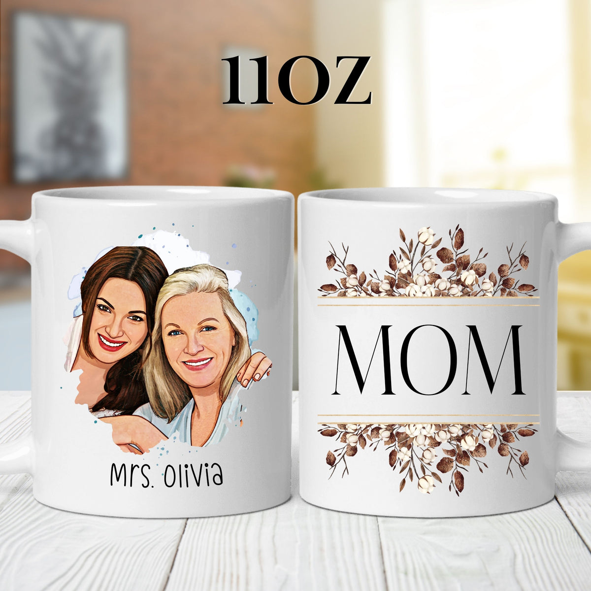 Personalised Mom Cartoon Photo & mug in a lifestyle setting