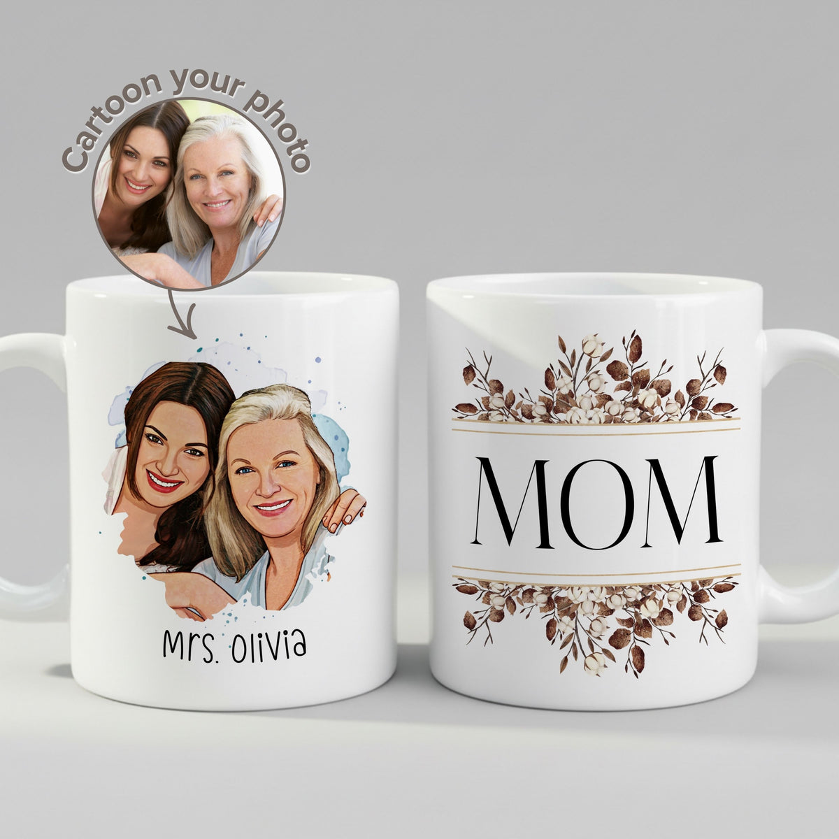 Personalised Mom Cartoon Photo & mug, front view on white background