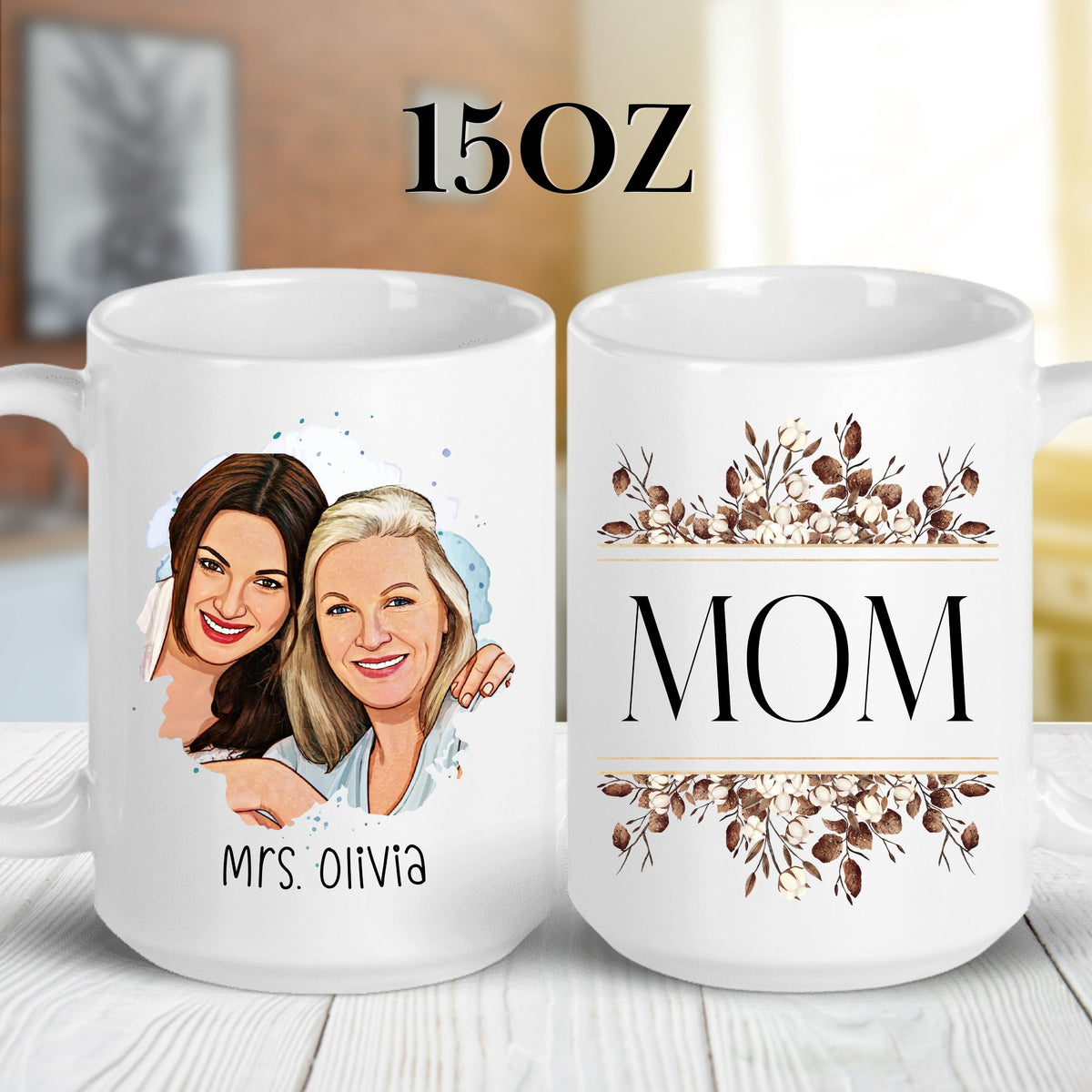 Personalised Mom Cartoon Photo & mug styled on a table setting