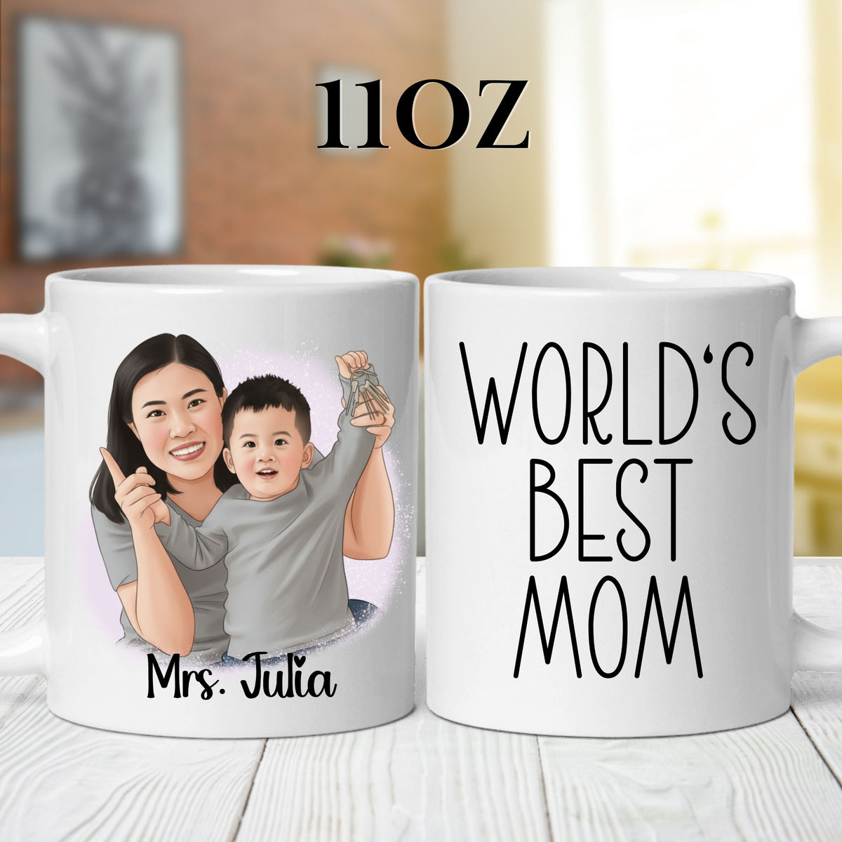 Personalised Mom Cartoon Photo mug in a lifestyle setting