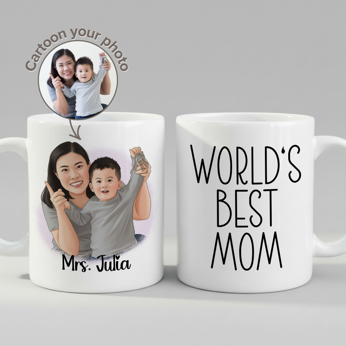 Personalised Mom Cartoon Photo mug, front view on white background