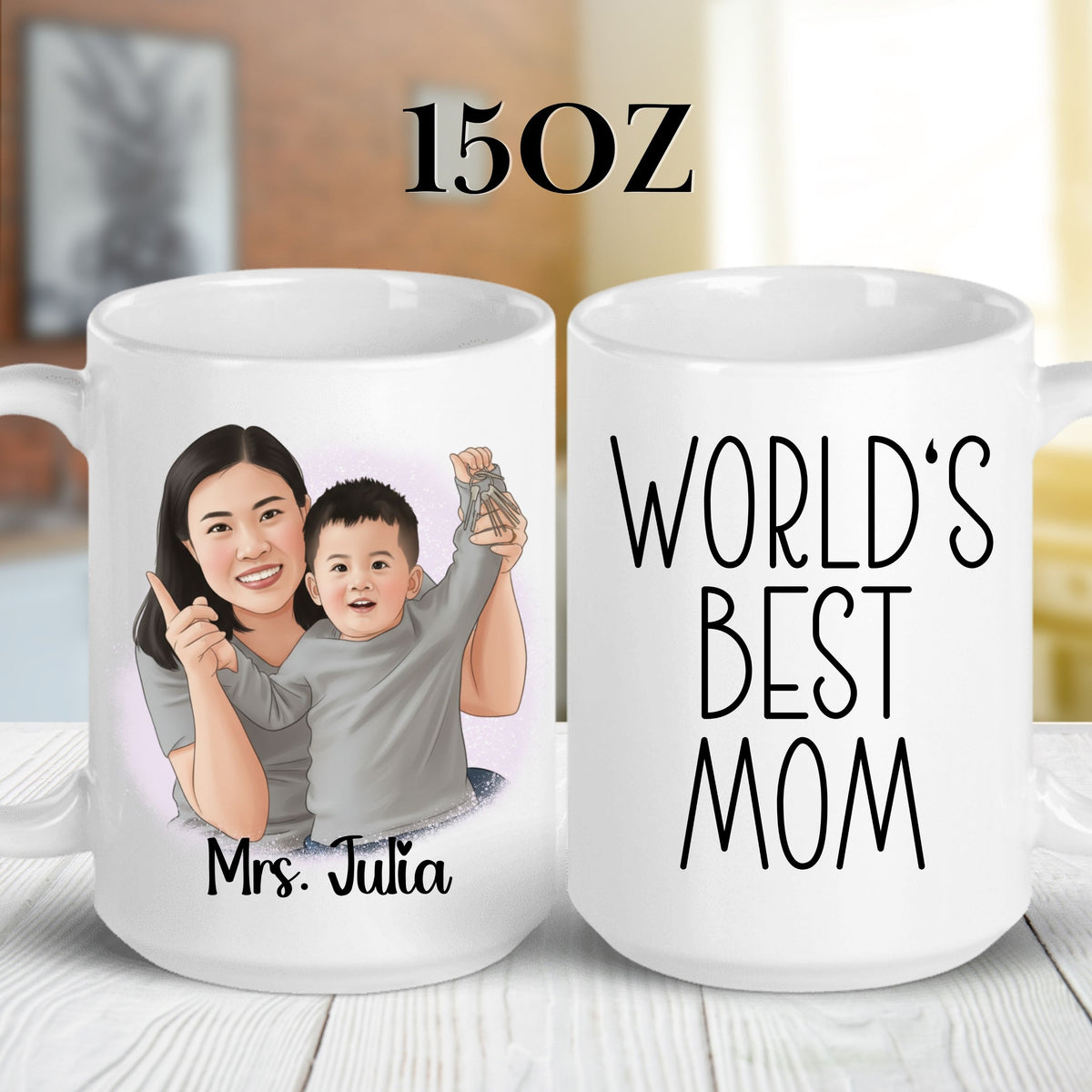 Personalised Mom Cartoon Photo mug styled on a table setting