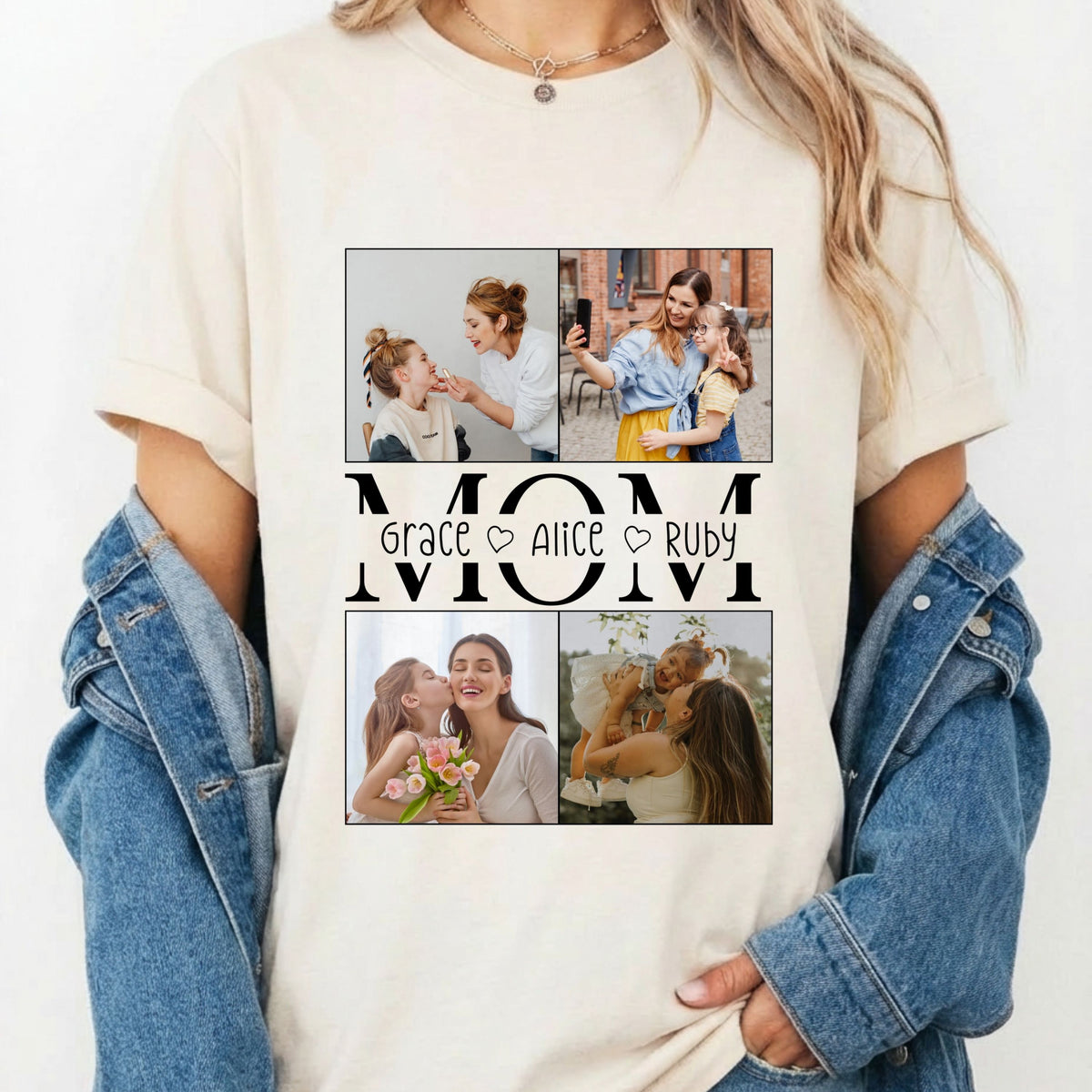 Personalised Mom Shirt shirt, front view on model