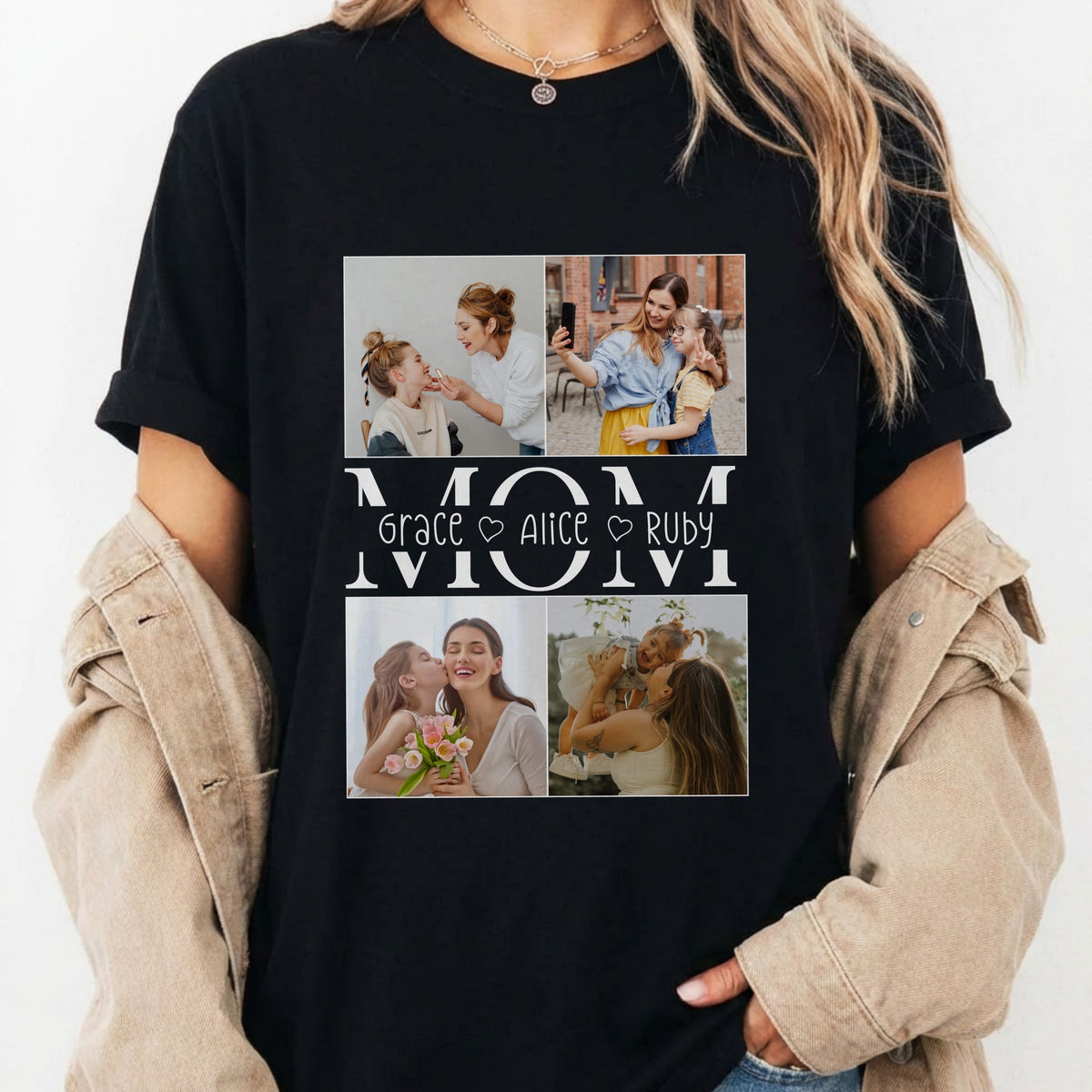 Personalised Mom Shirt shirt from a side angle