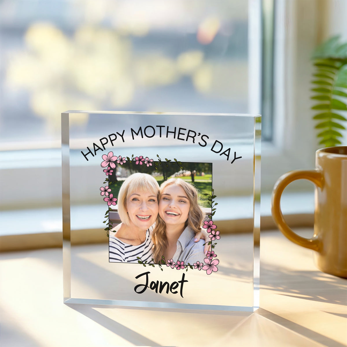 Personalised Mother's Day Acrylic plaque, front view on white background