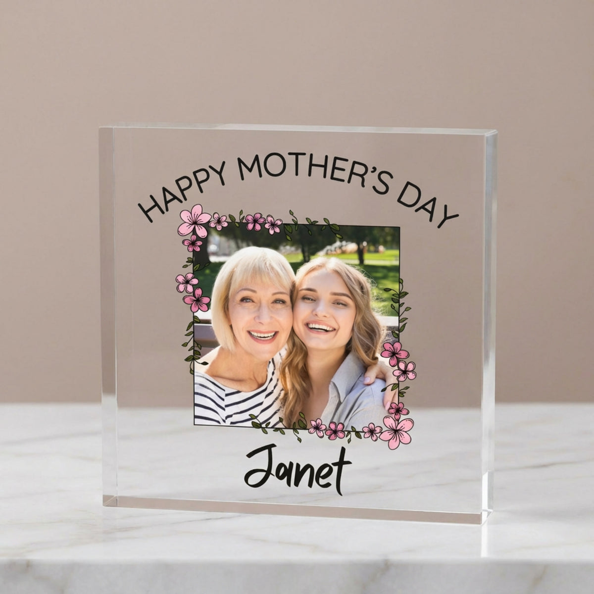 Personalised Mother's Day Acrylic plaque from a side angle