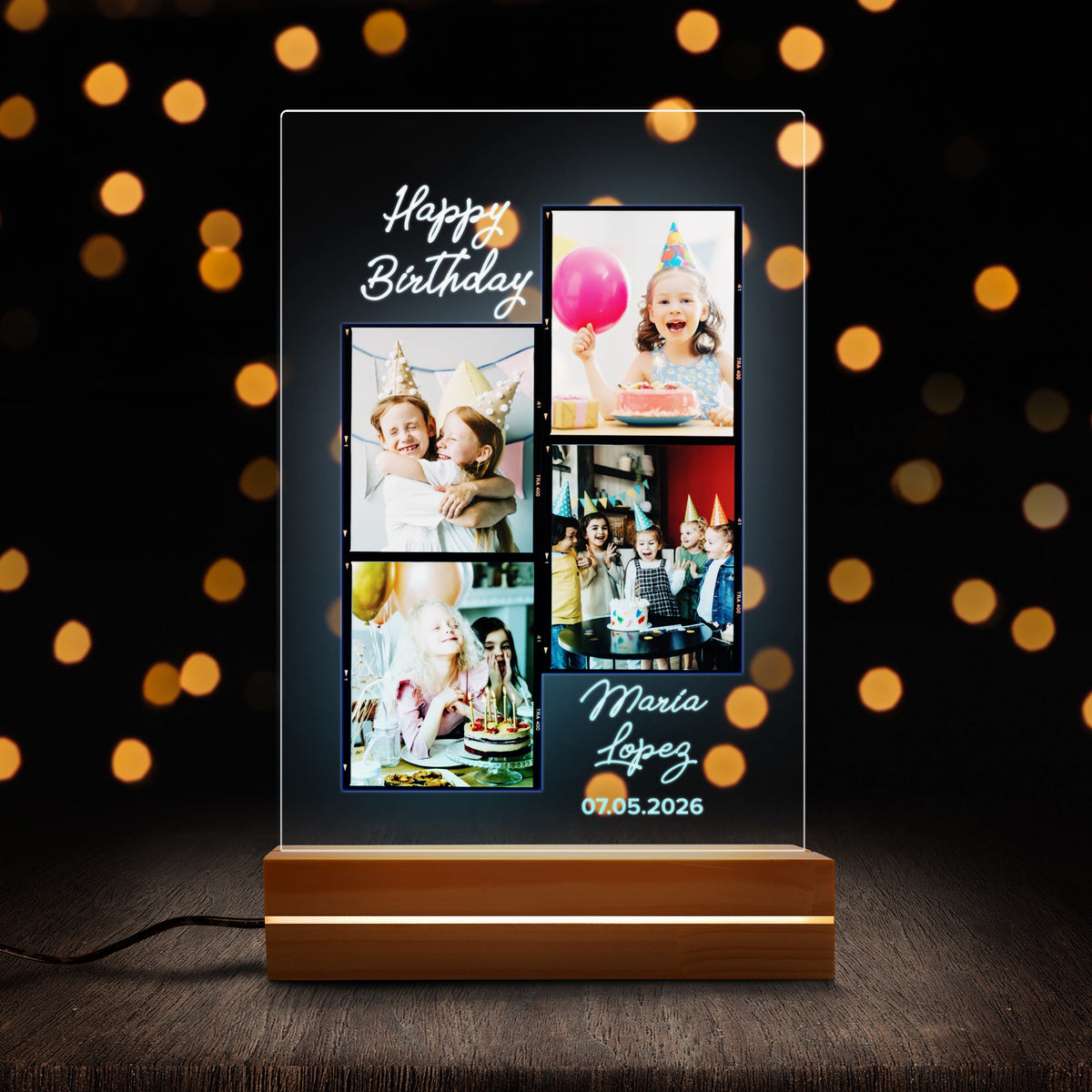 Personalised night light, front view lit up
