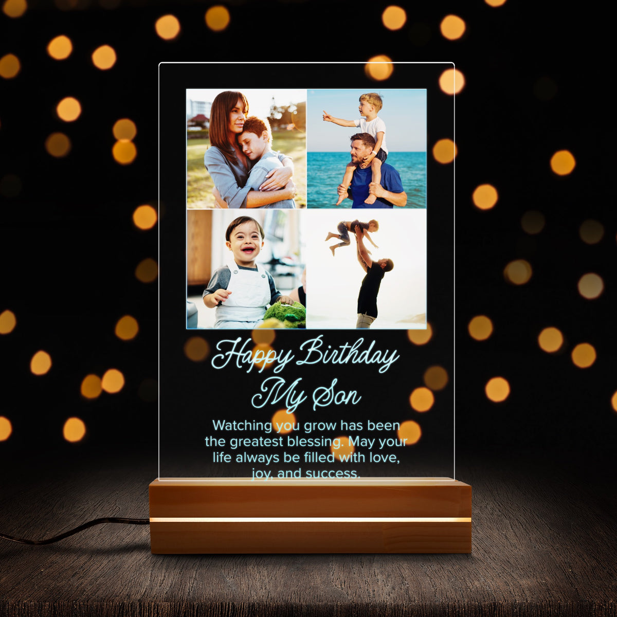 Personalised Photo Night Light for Son night light, front view lit up