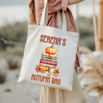Personalised Pumpkin Book Stack tote bag in close-up detail