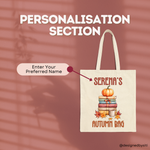 Personalisation guide for the Personalised Pumpkin Book Stack tote bag