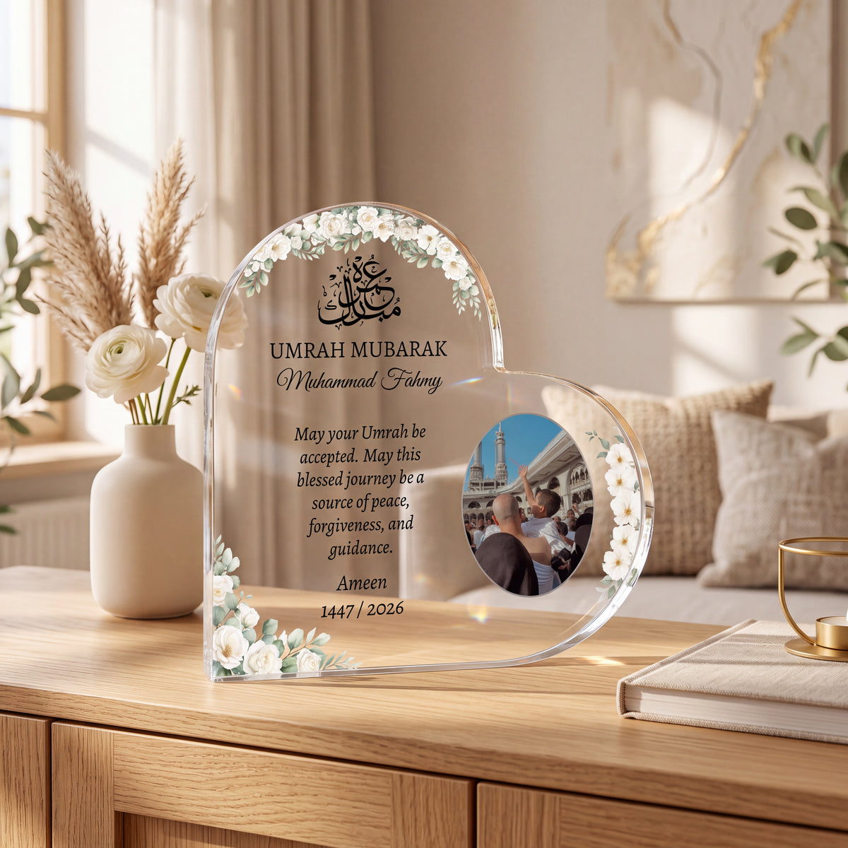 Personalised Umrah Mubarak Heart Acrylic plaque held in hand