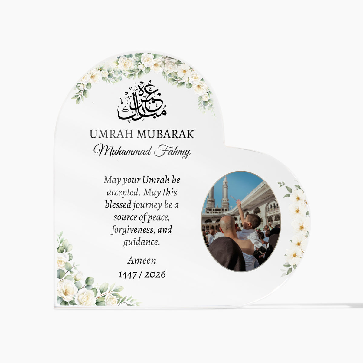 Personalised Umrah Mubarak Heart Acrylic plaque in a lifestyle setting