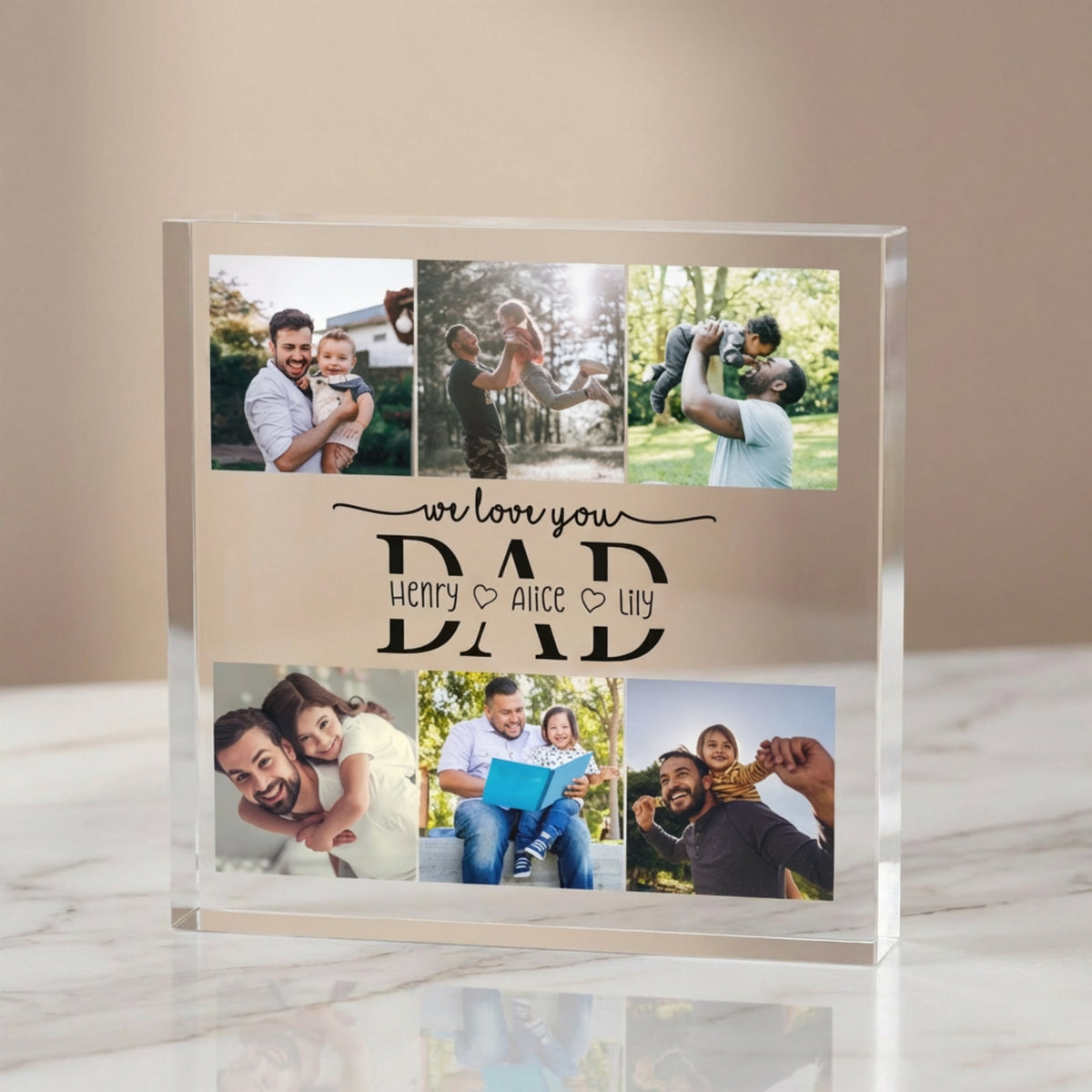 Personalised We Love You Dad Acrylic Photo plaque in close-up detail