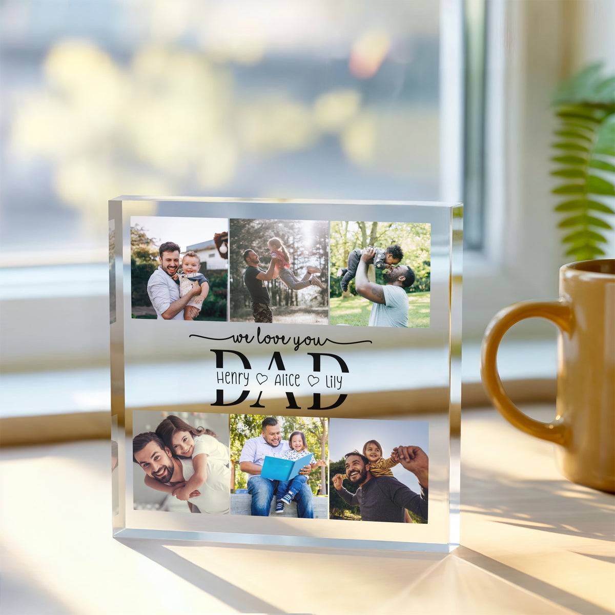 Personalised We Love You Dad Acrylic Photo plaque, front view on white background