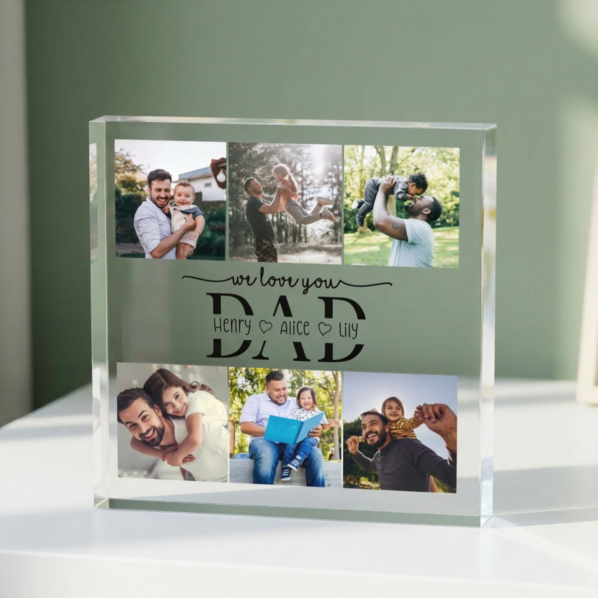 Personalised We Love You Dad Acrylic Photo plaque from a side angle