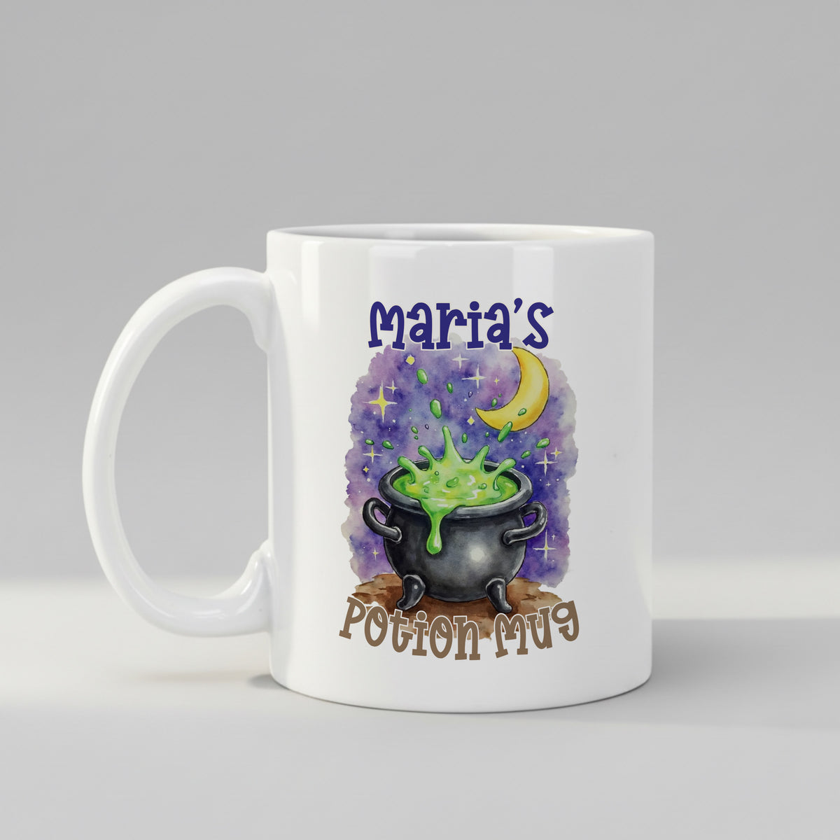 Personalised Witch Cauldron mug, front view on white background