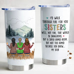 Unique personalized cup for siblings with custom hairstyles, drink choices, and forest landscape.