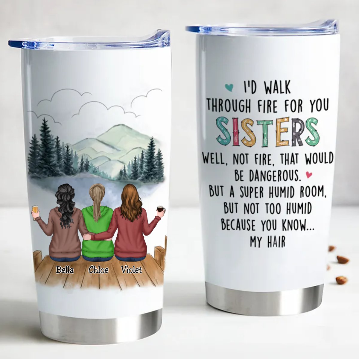 Unique personalized cup for siblings with custom hairstyles, drink choices, and forest landscape.